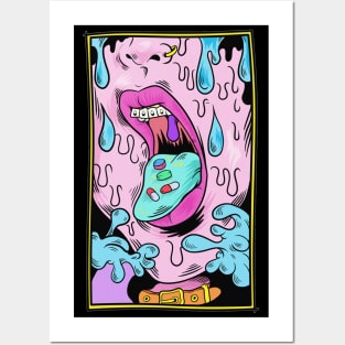 dripping mouth blue pink illustration Posters and Art